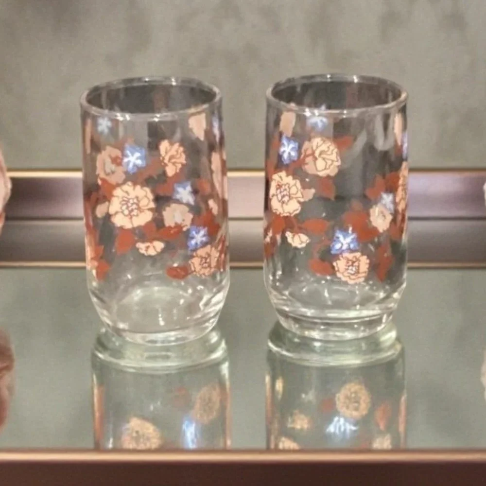 Libbey Floral Juice Glasses, Set of 2, Vintage Orange Flowers Design Drinkware